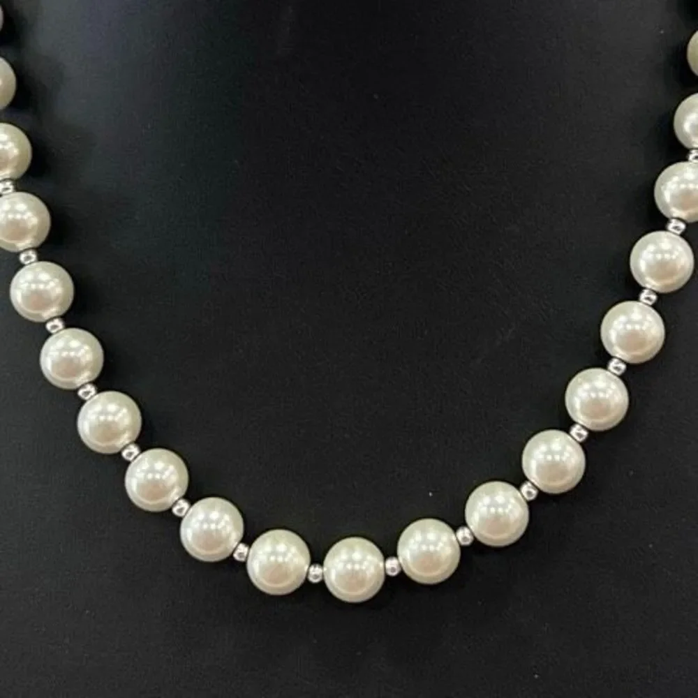 Stunning Faux Pearl Necklace Silver Tone Spacer Beads Lovely Luster New Clasp